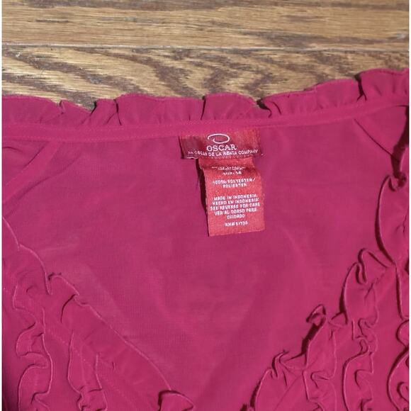 Vintage Oscar De La Renta Women's Pink Ruffle Front V-Neck Chiffon Blouse, Sz 14 - Picture 3 of 6